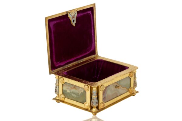 Front overview of the French Champleve and Onyx Jewellery Box with the lid up