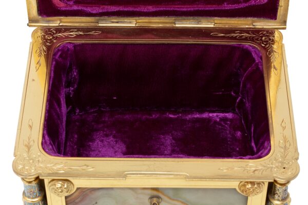 Close up of the interior in the French Champleve and Onyx Jewellery Box with the lid up