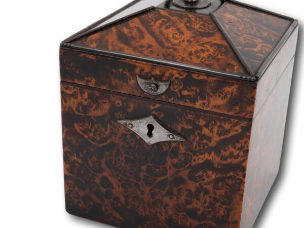 Close up of the steel escutcheon and thumb tab on the Mulberry Tea Caddy