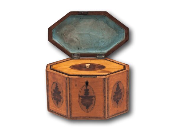 Front overview of the Satinwood Octagonal Tea Caddy with the lid up