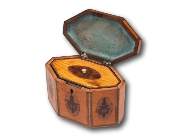 Front overview of the Satinwood Octagonal Tea Caddy with the lid up