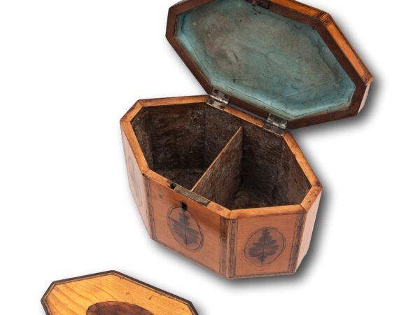 Close up of the Satinwood Octagonal Tea Caddy compartments