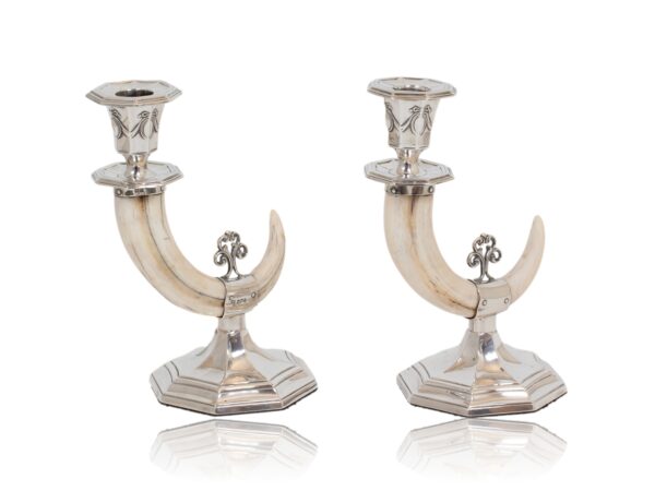 Overview of the Silver Mounted Boar Tusk Candlesticks John Rodgers