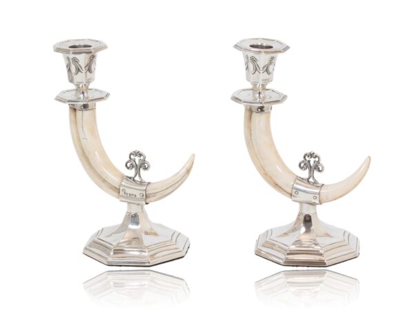 Side overview of the Silver Mounted Boar Tusk Candlesticks John Rodgers