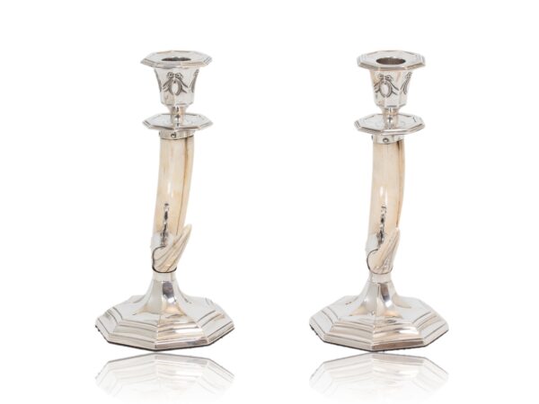 Rear overview of the Silver Mounted Boar Tusk Candlesticks John Rodgers