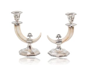 Side overview of the Silver Mounted Boar Tusk Candlesticks John Rodgers