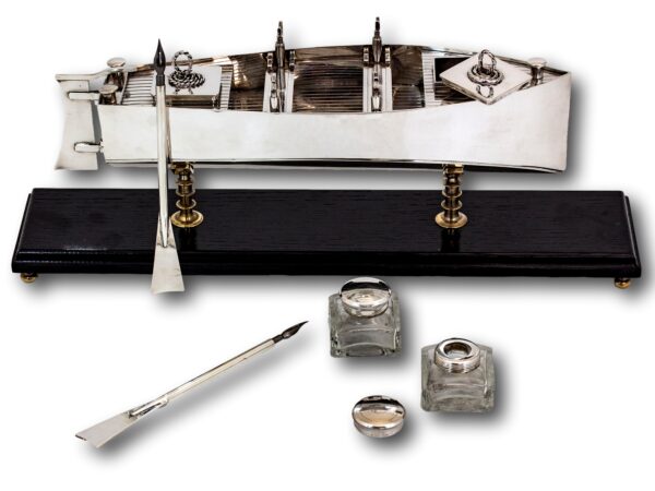 Overview of the Silver Plated Novelty Boat Inkstand Desk Set showing the contents