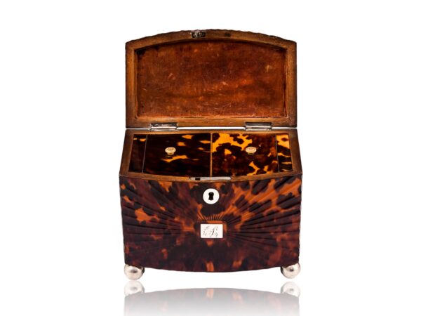 Front overview of the Starburst Pressed Tortoiseshell Tea Caddy with the lid up