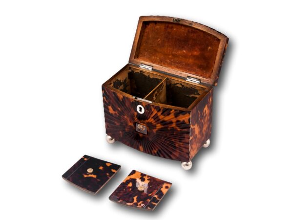 Front overview of the Starburst Pressed Tortoiseshell Tea Caddy with the lid up and caddy lids removed