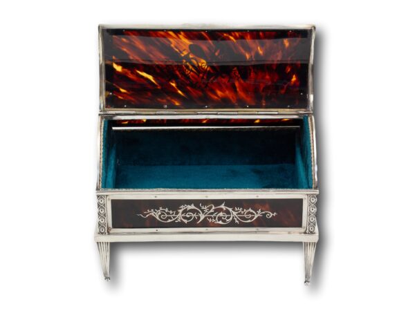 Overview of the Tortoiseshell and Silver Jewellery Box William Comyns with a side panel lifted showing the interior