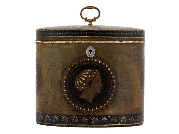 Front overview of the Papier Mache Tea Caddy Henry Clay