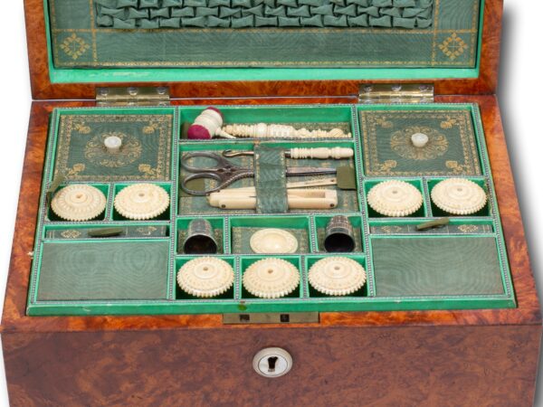 Close up of the removable tool tray from the Amboyna Sewing Box