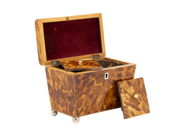 Front overview of the Blonde Tortoiseshell Tea Caddy with the lid up and caddy lids removed