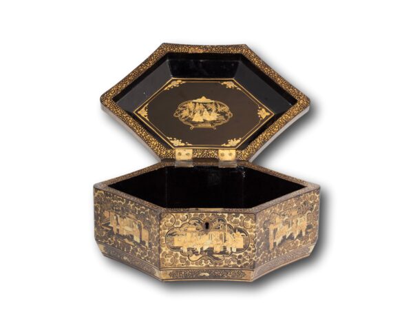 Front overview of the Chinese Export Lacquer Tea Caddy with the lid up