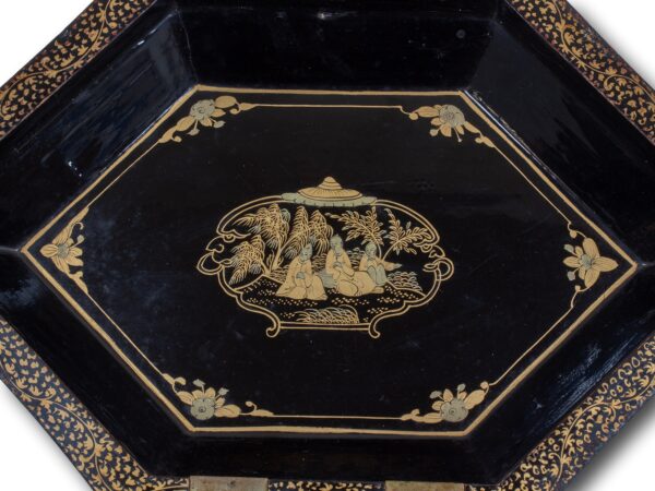 Close up of the inner lid in the Chinese Export Lacquer Tea Caddy