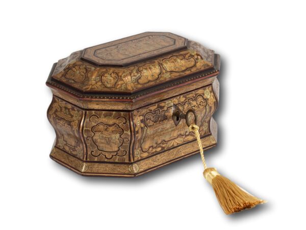 Front overview of the Miniature Chinese Export Lacquer Tea Caddy with the key fitted