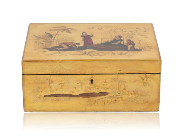 Front overview of the Chinoiserie Japanned Sewing Box