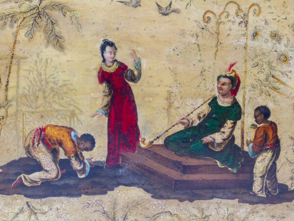 Close up of the decoration on the lid of the Chinoiserie Japanned Sewing Box