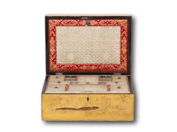 Front overview of the Chinoiserie Japanned Sewing Box with the lid up