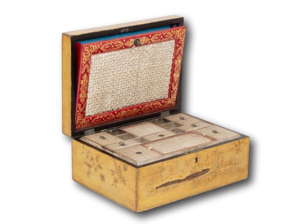 Front overview of the Chinoiserie Japanned Sewing Box with the lid up and document storage dropped down