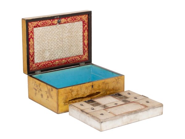 Front overview of the Chinoiserie Japanned Sewing Box with the lid up and tray removed