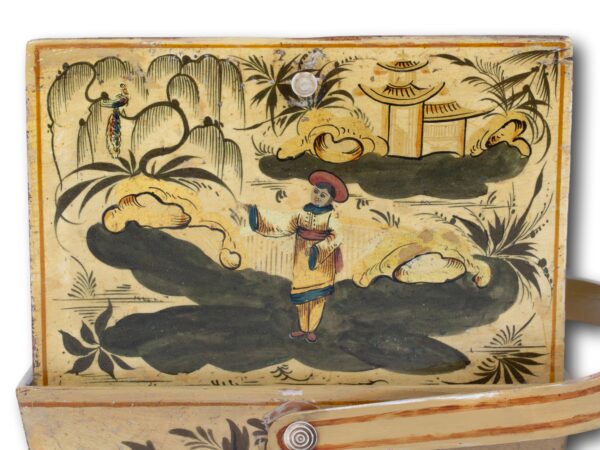 Close up of the lid of the Chinoiserie Japanned Sewing Basket