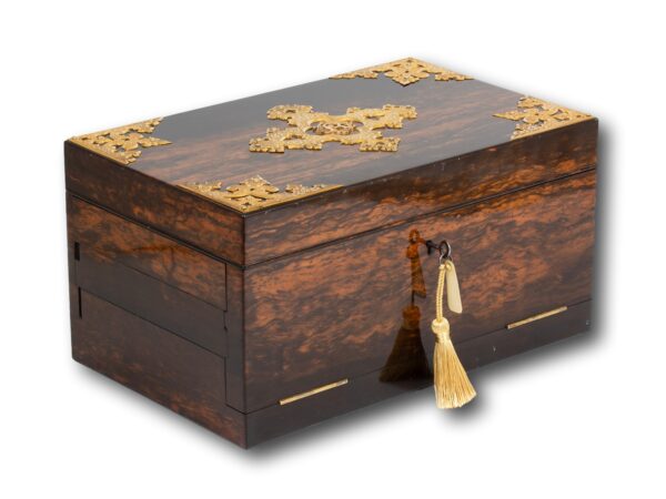 Front overview of the Coromandel Tiered Jewellery Box George Betjemann with the key fitted