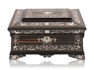 Front overview of the Coromandel and Mother of Pearl Fitted Sewing Box