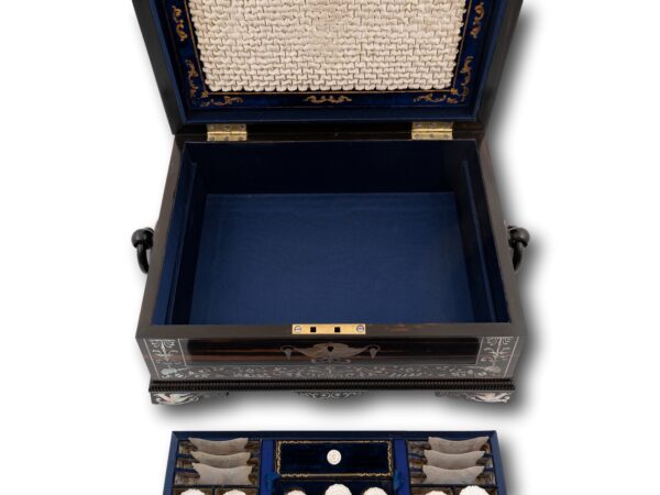 Coromandel and Mother of Pearl Fitted Sewing Box with the fitted tray removed showing the lower storage