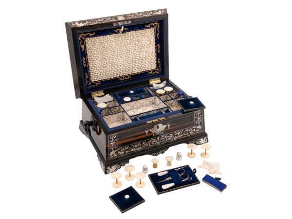 Coromandel and Mother of Pearl Fitted Sewing Box with the contents of the fitted tray removed