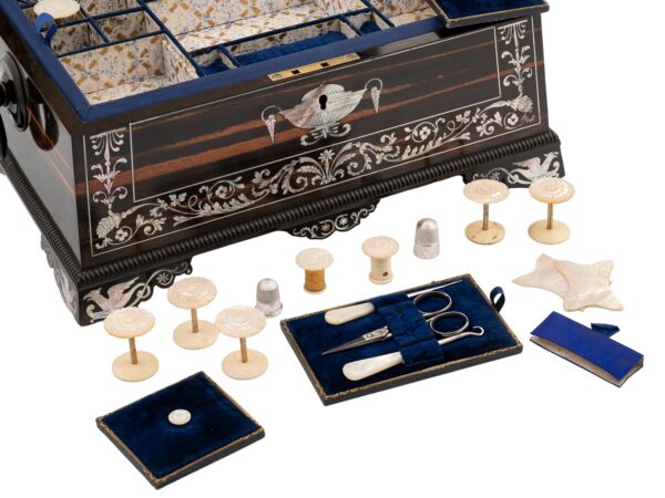 Coromandel and Mother of Pearl Fitted Sewing Box with the contents of the fitted tray removed