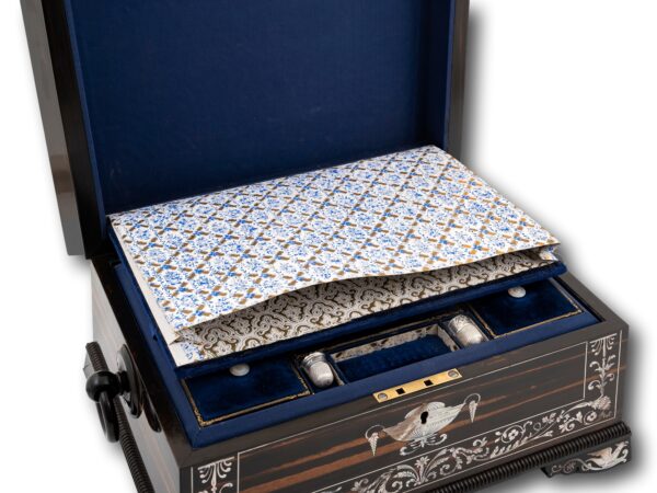 Overview of the Coromandel and Mother of Pearl Fitted Sewing Box document storage