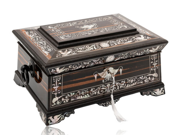 Front overview of the Coromandel and Mother of Pearl Fitted Sewing Box with the key fitted