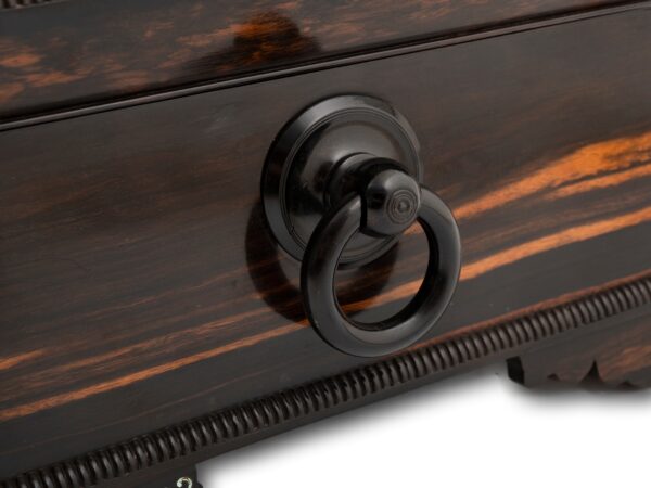 Close up of the handle on the Coromandel and Mother of Pearl Fitted Sewing Box