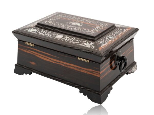 Rear overview of the Coromandel and Mother of Pearl Fitted Sewing Box