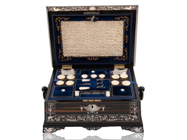 Coromandel and Mother of Pearl Fitted Sewing Box with the lid up