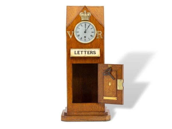 Country House Oak Letter Box Clock Tower opened showing the key and interior