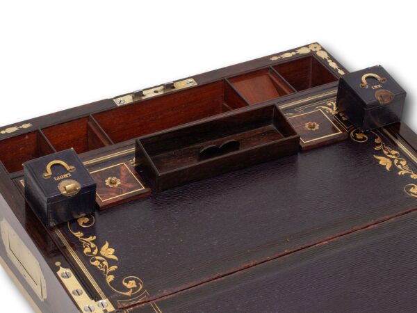 Close up of the top of the Rosewood Writing Box David Edwards with the accessories removed