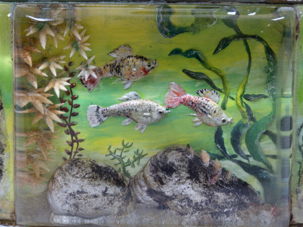 Close up of the aquarium scenes on the Dunhill Half-Giant Aquarium Table Lighter