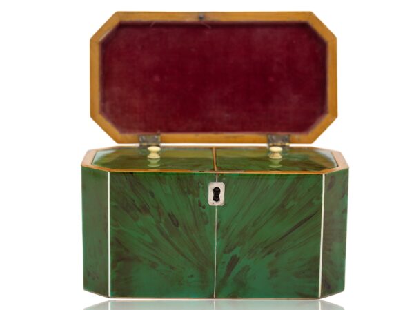 Front of the Green Tortoiseshell Tea Caddy with the lid up
