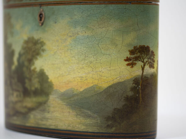 Close up of the front scene on the Henry Clay Papier Mache Tea Caddy