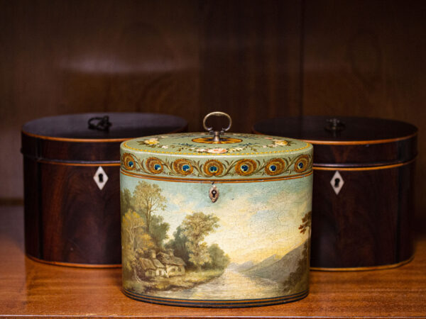 Overview of the Henry Clay Papier Mache Tea Caddy in a decorative setting