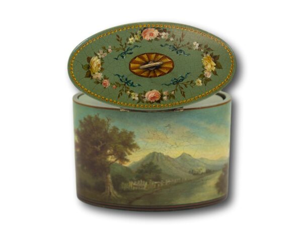 Rear of the Henry Clay Papier Mache Tea Caddy showing the lid open