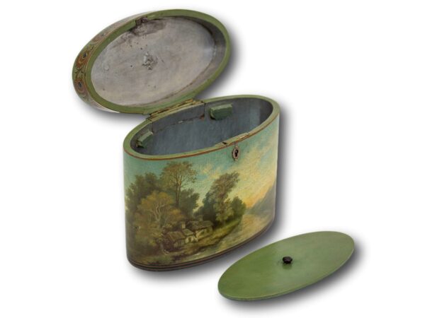 Front overview of the Henry Clay Papier Mache Tea Caddy with the lid up and caddy lid removed