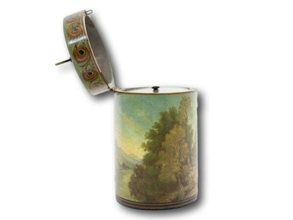 Side overview of the Henry Clay Papier Mache Tea Caddy with the lid up