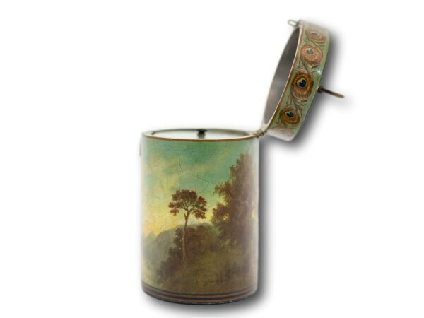 Side overview of the Henry Clay Papier Mache Tea Caddy with the lid up