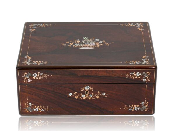 Front overview of the Rosewood Inlaid Sewing Box