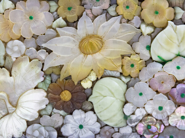 Close up of the carved flowers on the Japanese Shibayama Millefiori Box