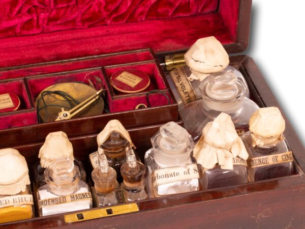 Close up of the contents inside the Mahogany Apothecary Box