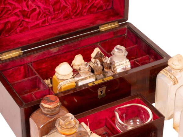 Close up of the contents inside the Mahogany Apothecary Box